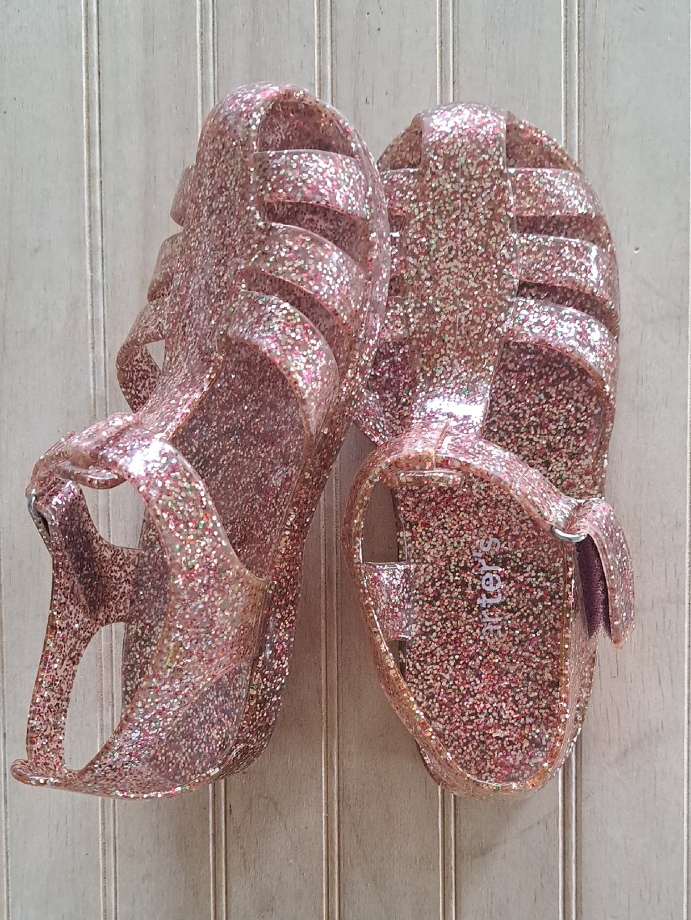 Carter’s Glitter Jelly Sandals Girls Size 13 Pink Sparkle Velcro Beach Glam Fun